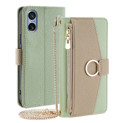 Sony Xperia 5 V Crossbody Phone Case with Litchi Texture Leather, Adjustable Kickstand, Card Slots, Zipper Purse, Makeup Mirror, and TPU Protection