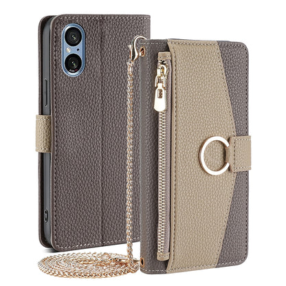 Sony Xperia 5 V Crossbody Phone Case with Litchi Texture Leather, Adjustable Kickstand, Card Slots, Zipper Purse, Makeup Mirror, and TPU Protection