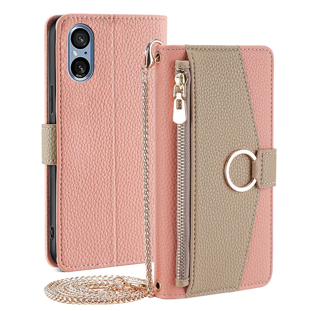Sony Xperia 5 V Crossbody Phone Case with Litchi Texture Leather, Adjustable Kickstand, Card Slots, Zipper Purse, Makeup Mirror, and TPU Protection