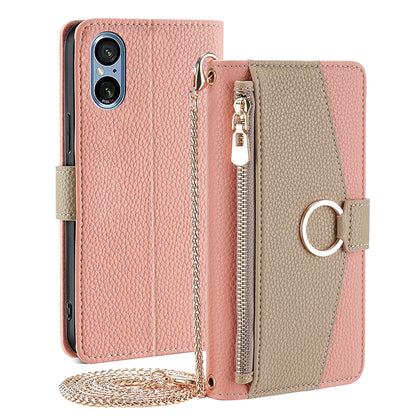 Sony Xperia 5 V Crossbody Phone Case with Litchi Texture Leather, Adjustable Kickstand, Card Slots, Zipper Purse, Makeup Mirror, and TPU Protection