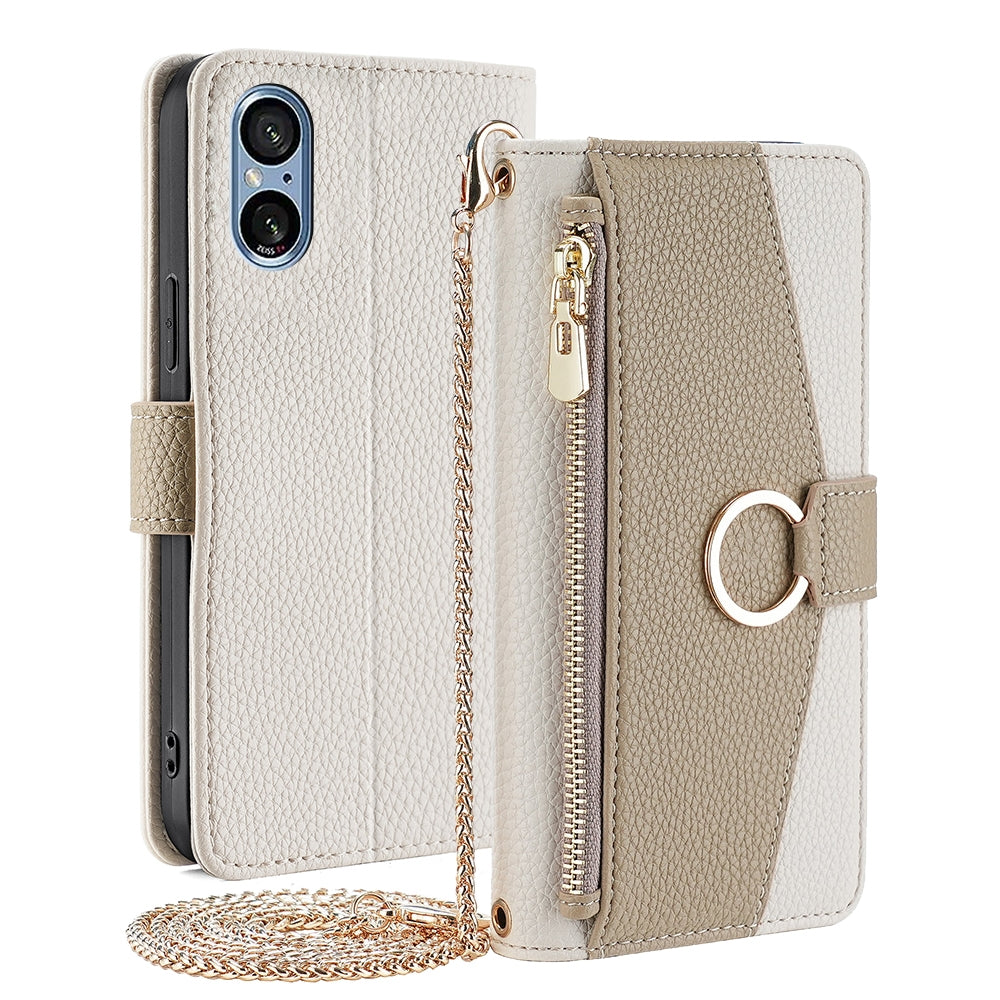 Sony Xperia 5 V Crossbody Phone Case with Litchi Texture Leather, Adjustable Kickstand, Card Slots, Zipper Purse, Makeup Mirror, and TPU Protection