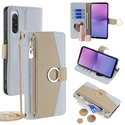Sony Xperia 10 V Crossbody Phone Case with Litchi Texture Leather, Adjustable Kickstand, Card Slots, Zipper Purse, Makeup Mirror, and TPU Protection