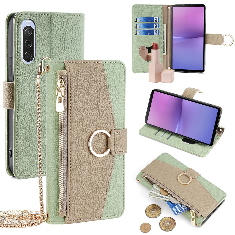 Sony Xperia 10 V Crossbody Phone Case with Litchi Texture Leather, Adjustable Kickstand, Card Slots, Zipper Purse, Makeup Mirror, and TPU Protection