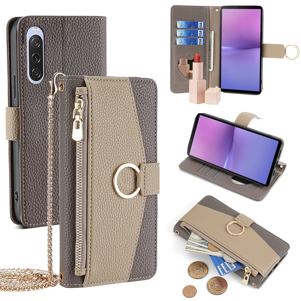 Sony Xperia 10 V Crossbody Phone Case with Litchi Texture Leather, Adjustable Kickstand, Card Slots, Zipper Purse, Makeup Mirror, and TPU Protection