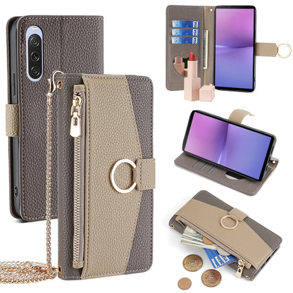 Sony Xperia 10 V Crossbody Phone Case with Litchi Texture Leather, Adjustable Kickstand, Card Slots, Zipper Purse, Makeup Mirror, and TPU Protection