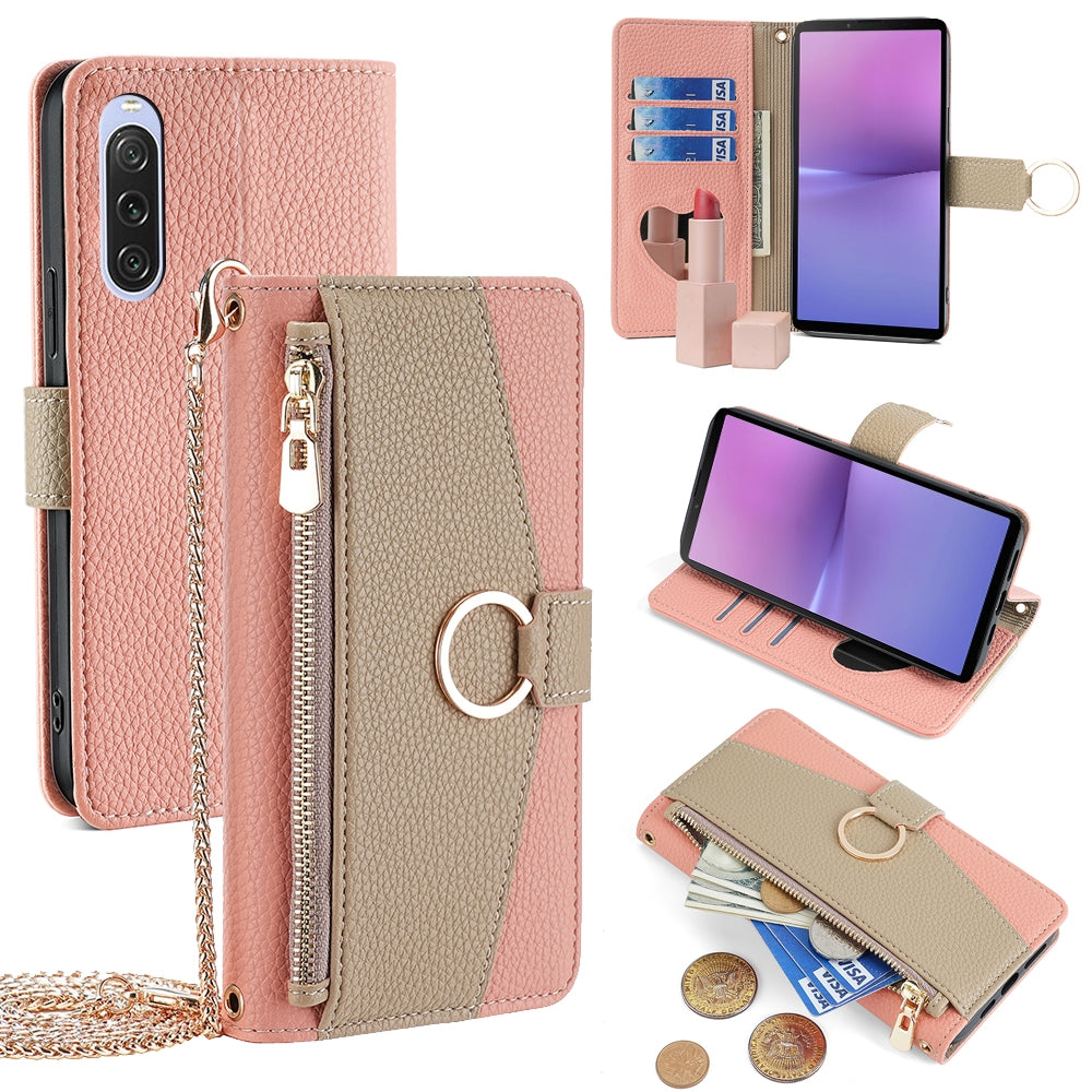 Sony Xperia 10 V Crossbody Phone Case with Litchi Texture Leather, Adjustable Kickstand, Card Slots, Zipper Purse, Makeup Mirror, and TPU Protection