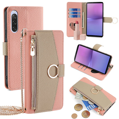 Sony Xperia 10 V Crossbody Phone Case with Litchi Texture Leather, Adjustable Kickstand, Card Slots, Zipper Purse, Makeup Mirror, and TPU Protection