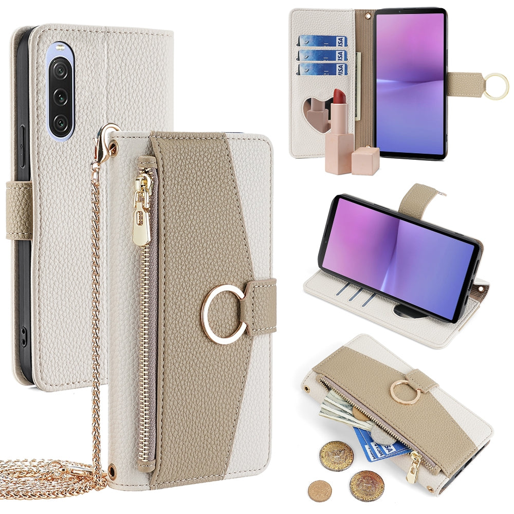 Sony Xperia 10 V Crossbody Phone Case with Litchi Texture Leather, Adjustable Kickstand, Card Slots, Zipper Purse, Makeup Mirror, and TPU Protection