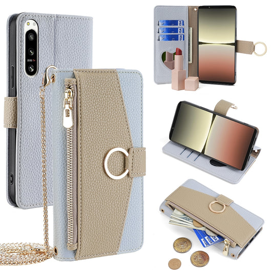 Sony Xperia 5 IV Crossbody Phone Case with Litchi Texture Leather, Adjustable Kickstand, Card Slots, Zipper Purse, Makeup Mirror, and TPU Protection