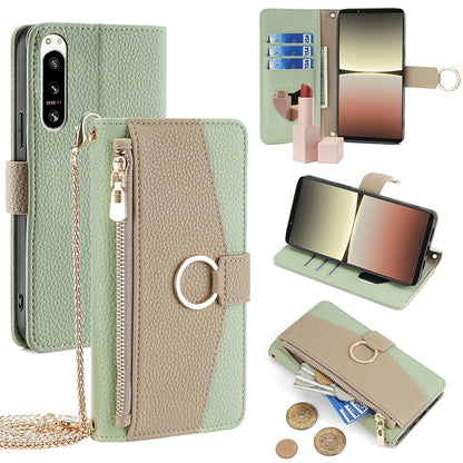 Sony Xperia 5 IV Crossbody Phone Case with Litchi Texture Leather, Adjustable Kickstand, Card Slots, Zipper Purse, Makeup Mirror, and TPU Protection