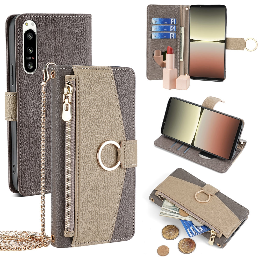 Sony Xperia 5 IV Crossbody Phone Case with Litchi Texture Leather, Adjustable Kickstand, Card Slots, Zipper Purse, Makeup Mirror, and TPU Protection