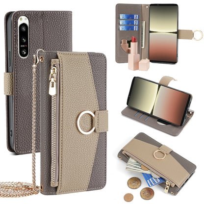 Sony Xperia 5 IV Crossbody Phone Case with Litchi Texture Leather, Adjustable Kickstand, Card Slots, Zipper Purse, Makeup Mirror, and TPU Protection