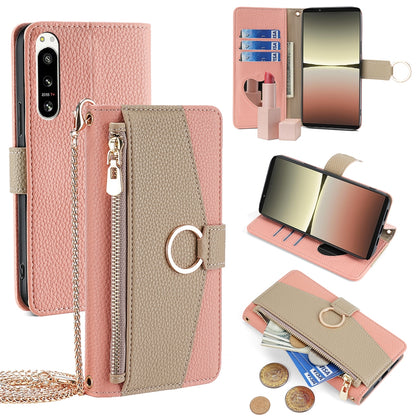 Sony Xperia 5 IV Crossbody Phone Case with Litchi Texture Leather, Adjustable Kickstand, Card Slots, Zipper Purse, Makeup Mirror, and TPU Protection