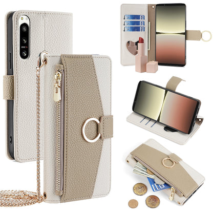 Sony Xperia 5 IV Crossbody Phone Case with Litchi Texture Leather, Adjustable Kickstand, Card Slots, Zipper Purse, Makeup Mirror, and TPU Protection