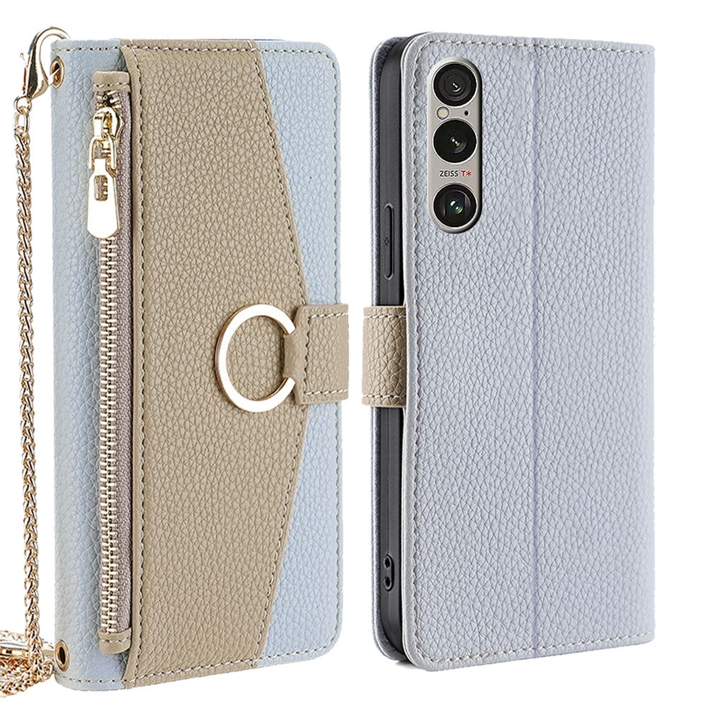 Sony Xperia 1 VI Crossbody Phone Case with Litchi Texture Leather, Adjustable Kickstand, Card Slots, Zipper Purse, Makeup Mirror, and TPU Protection