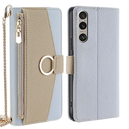Sony Xperia 1 VI Crossbody Phone Case with Litchi Texture Leather, Adjustable Kickstand, Card Slots, Zipper Purse, Makeup Mirror, and TPU Protection