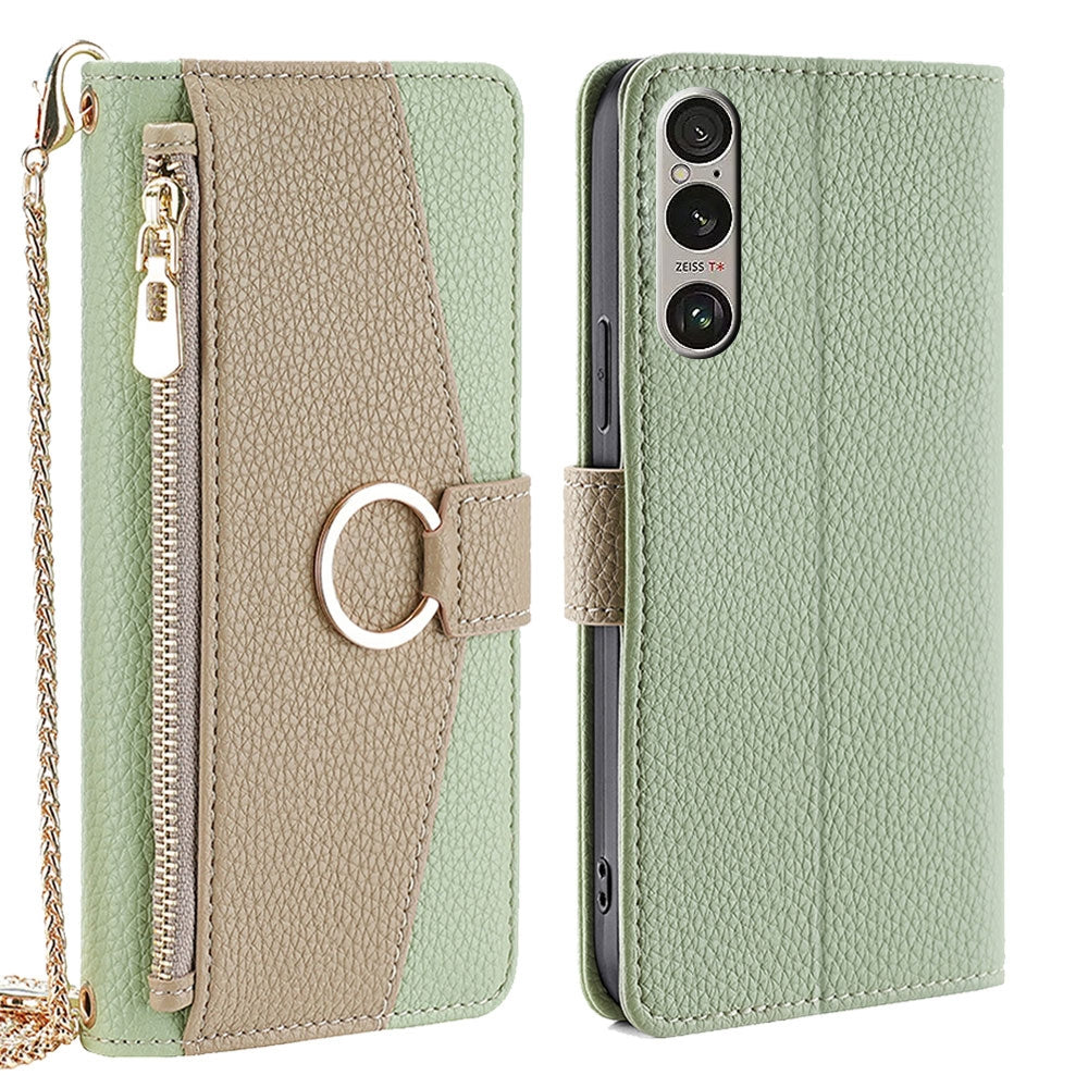 Sony Xperia 1 VI Crossbody Phone Case with Litchi Texture Leather, Adjustable Kickstand, Card Slots, Zipper Purse, Makeup Mirror, and TPU Protection