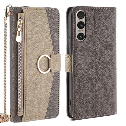Sony Xperia 1 VI Crossbody Phone Case with Litchi Texture Leather, Adjustable Kickstand, Card Slots, Zipper Purse, Makeup Mirror, and TPU Protection