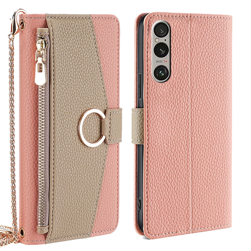 Sony Xperia 1 VI Crossbody Phone Case with Litchi Texture Leather, Adjustable Kickstand, Card Slots, Zipper Purse, Makeup Mirror, and TPU Protection