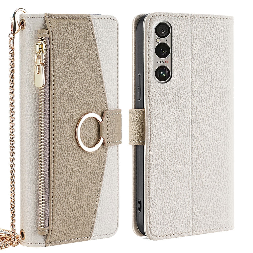 Sony Xperia 1 VI Crossbody Phone Case with Litchi Texture Leather, Adjustable Kickstand, Card Slots, Zipper Purse, Makeup Mirror, and TPU Protection