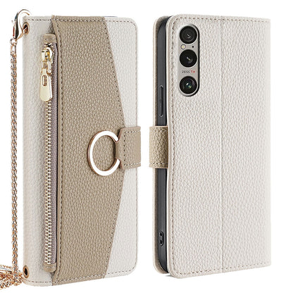 Sony Xperia 1 VI Crossbody Phone Case with Litchi Texture Leather, Adjustable Kickstand, Card Slots, Zipper Purse, Makeup Mirror, and TPU Protection
