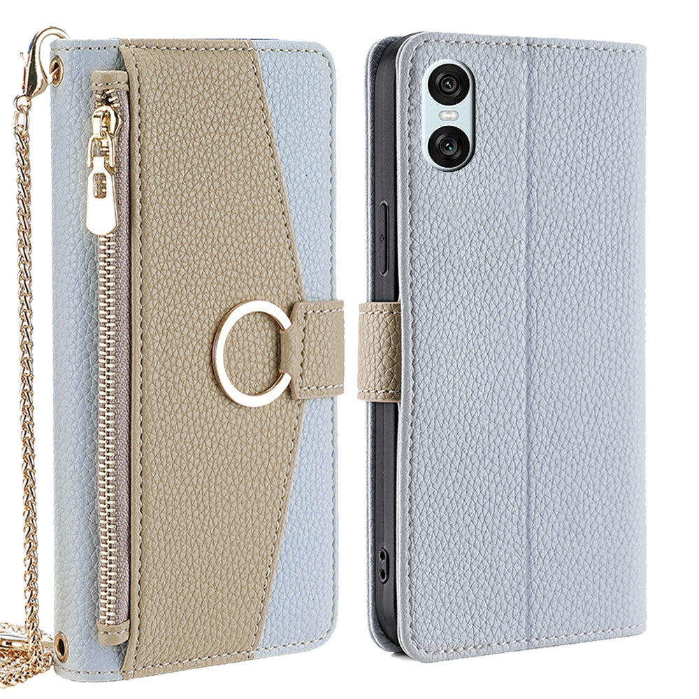 Sony Xperia 10 VI Crossbody Phone Case with Litchi Texture Leather, Adjustable Kickstand, Card Slots, Zipper Purse, Makeup Mirror, and TPU Protection