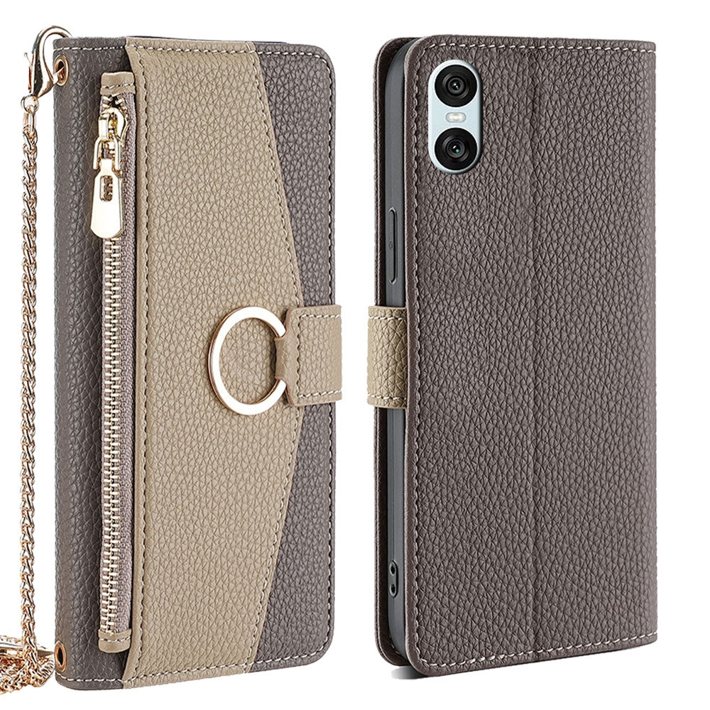Sony Xperia 10 VI Crossbody Phone Case with Litchi Texture Leather, Adjustable Kickstand, Card Slots, Zipper Purse, Makeup Mirror, and TPU Protection