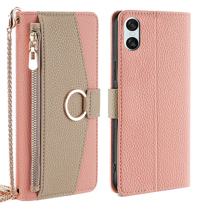 Sony Xperia 10 VI Crossbody Phone Case with Litchi Texture Leather, Adjustable Kickstand, Card Slots, Zipper Purse, Makeup Mirror, and TPU Protection