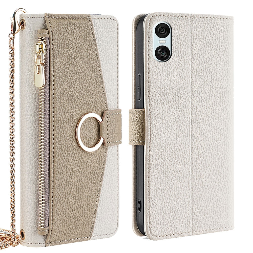 Sony Xperia 10 VI Crossbody Phone Case with Litchi Texture Leather, Adjustable Kickstand, Card Slots, Zipper Purse, Makeup Mirror, and TPU Protection