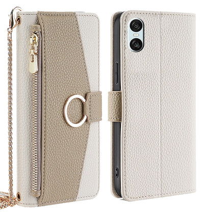 Sony Xperia 10 VI Crossbody Phone Case with Litchi Texture Leather, Adjustable Kickstand, Card Slots, Zipper Purse, Makeup Mirror, and TPU Protection