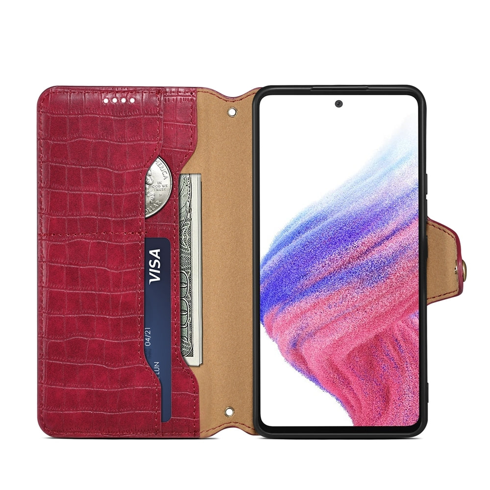 Samsung Galaxy A52 Denior Leather Case - Crocodile Texture with Oil Edge, Wallet & Kickstand Features