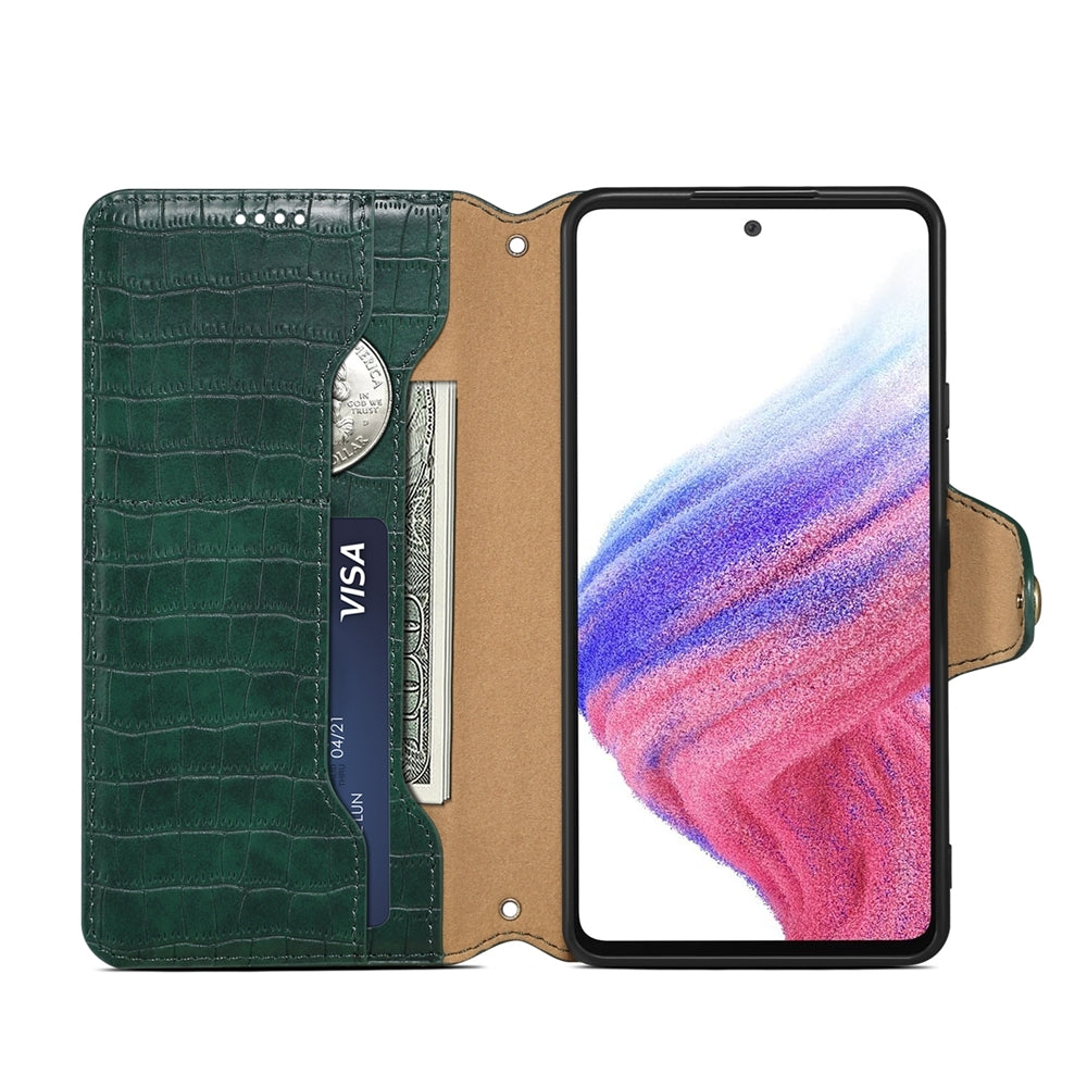 Samsung Galaxy A52 Denior Leather Case - Crocodile Texture with Oil Edge, Wallet & Kickstand Features