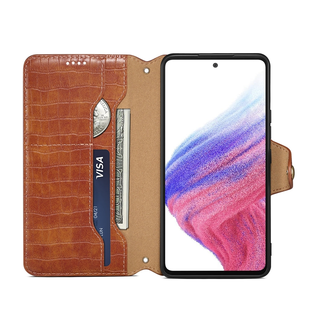 Samsung Galaxy A53 5G Denior Leather Case - Crocodile Texture with Oil Edge, Wallet & Kickstand Features