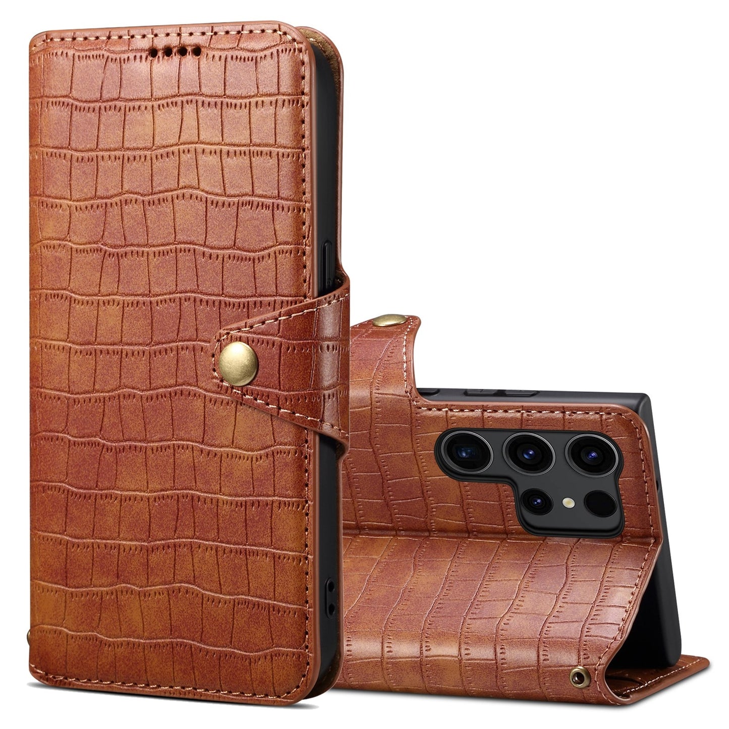 Samsung Galaxy S24 Ultra 5G Denior Leather Case - Crocodile Texture with Oil Edge, Wallet & Kickstand Features