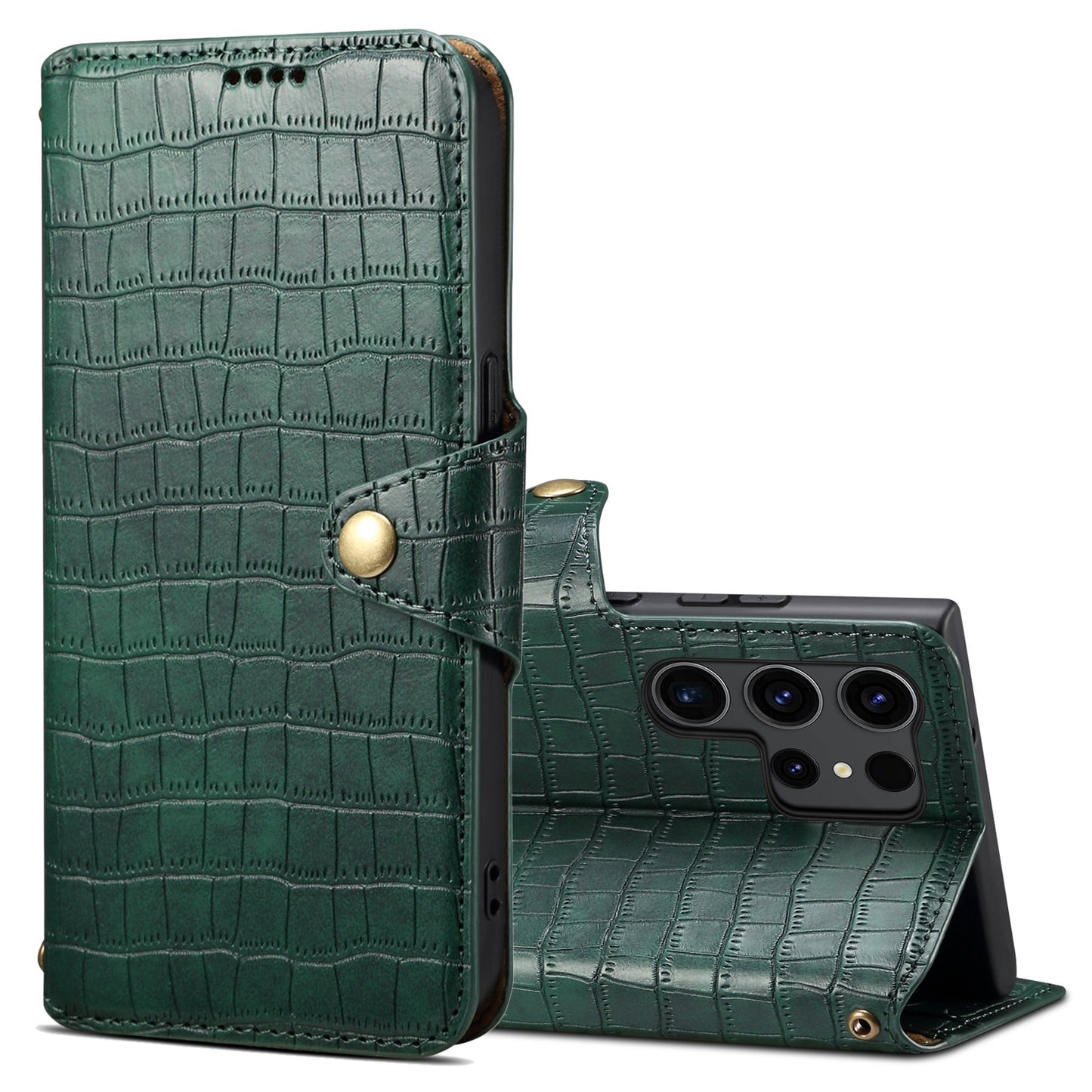 Samsung Galaxy S24 Ultra 5G Denior Leather Case - Crocodile Texture with Oil Edge, Wallet & Kickstand Features