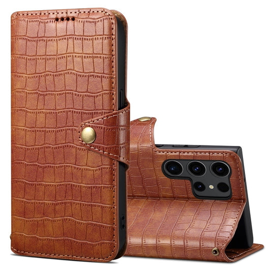 Samsung Galaxy S23 Ultra 5G Denior Leather Case - Crocodile Texture with Oil Edge, Wallet & Kickstand Features