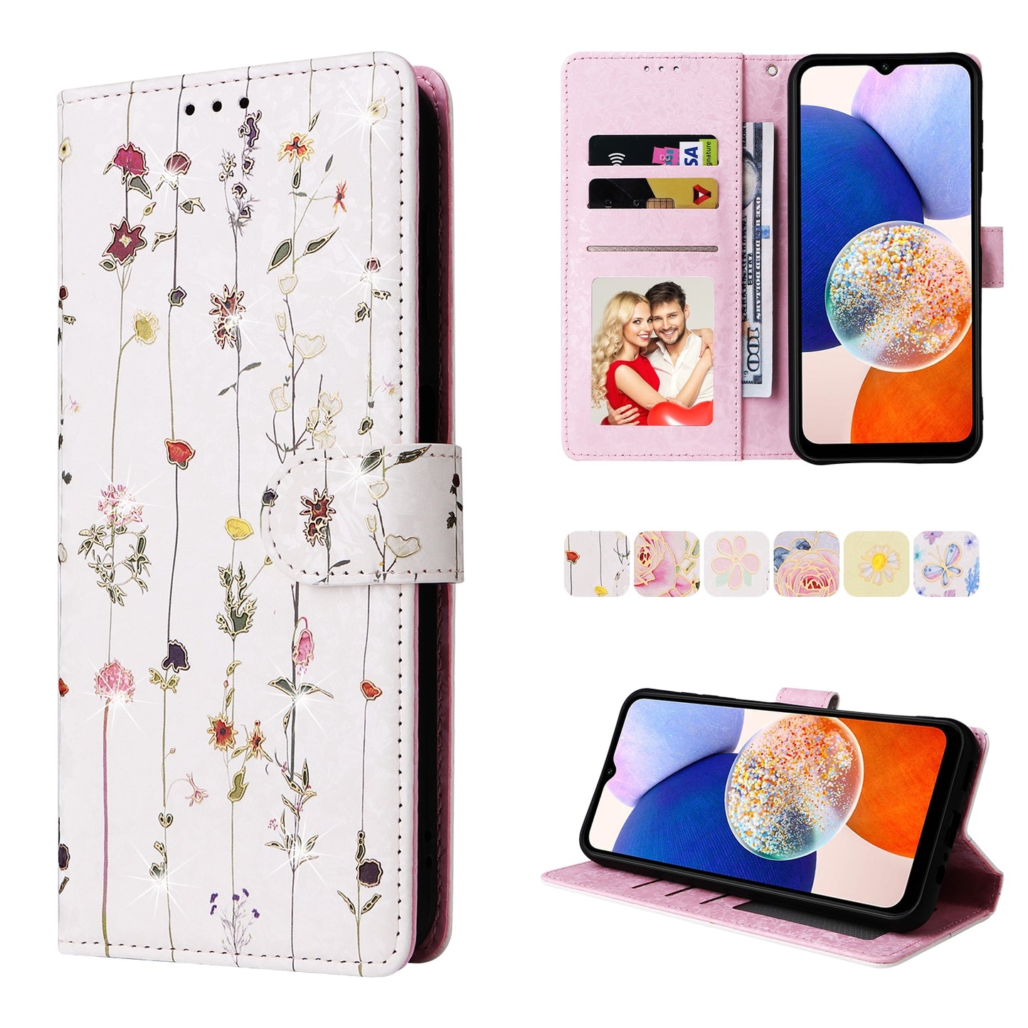 Samsung Galaxy A15 5G Luxury Bronzing Leather Case - Floral RFID Wallet Cover with Stand & Card Slots