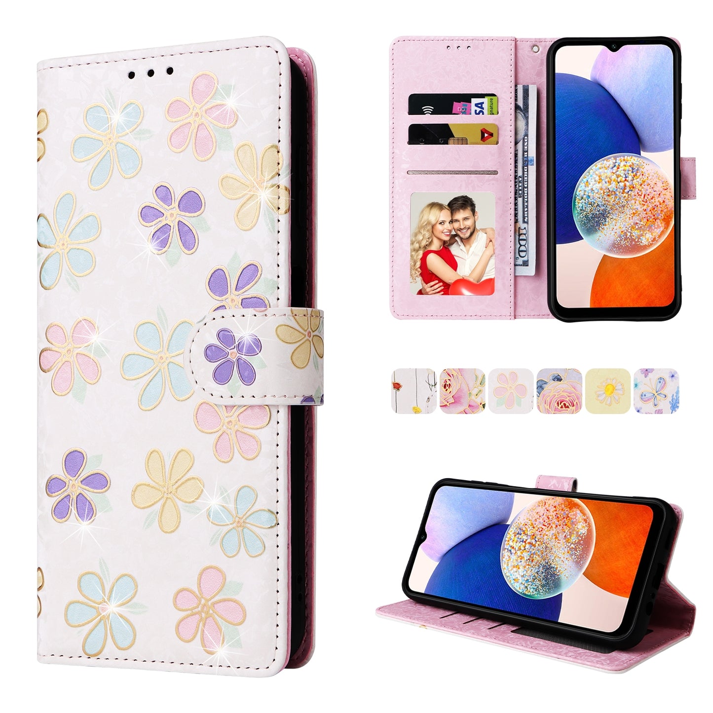 Samsung Galaxy A15 5G Luxury Bronzing Leather Case - Floral RFID Wallet Cover with Stand & Card Slots