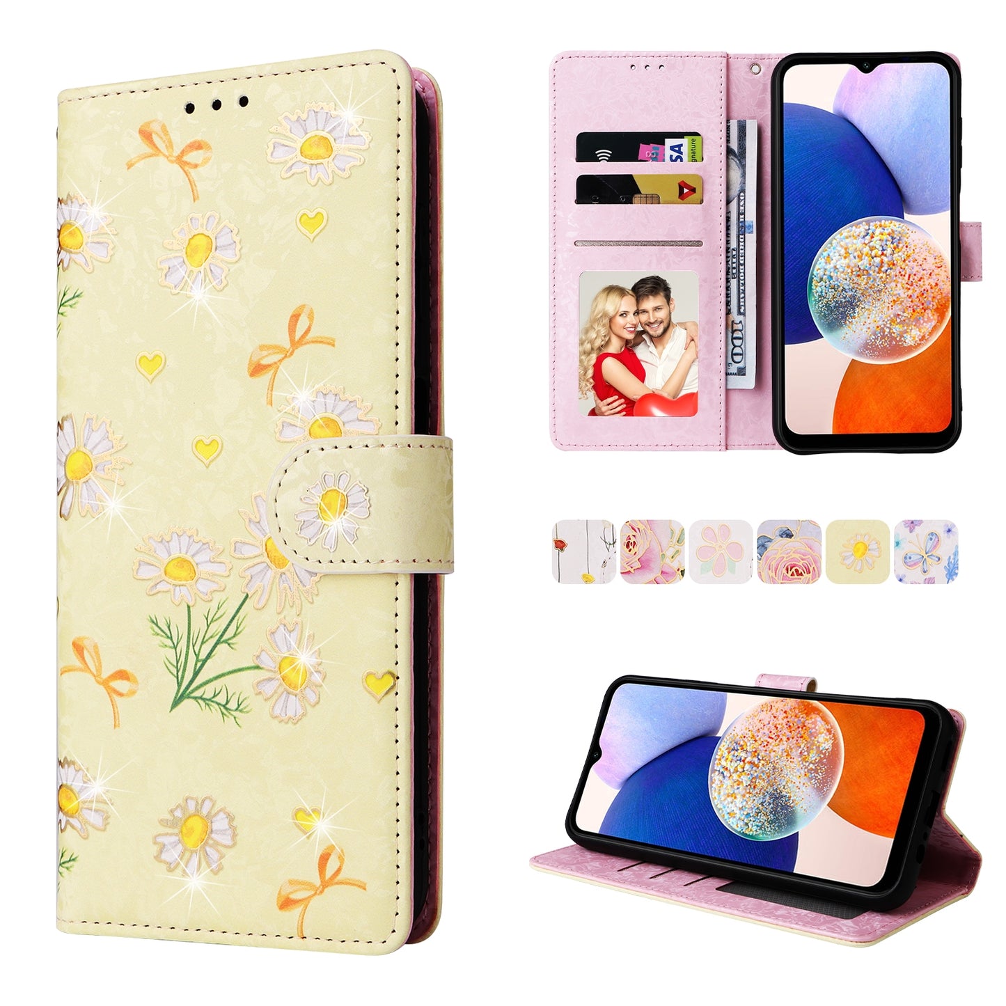 Samsung Galaxy A15 5G Luxury Bronzing Leather Case - Floral RFID Wallet Cover with Stand & Card Slots