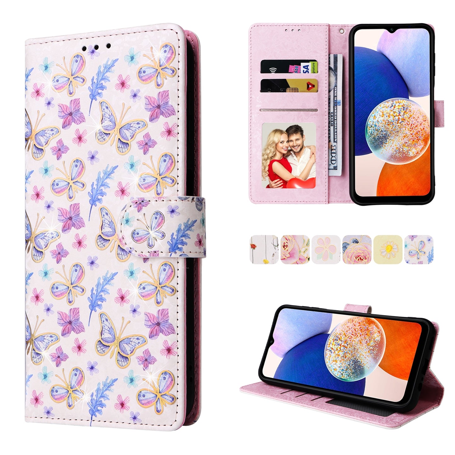 Samsung Galaxy A15 5G Luxury Bronzing Leather Case - Floral RFID Wallet Cover with Stand & Card Slots