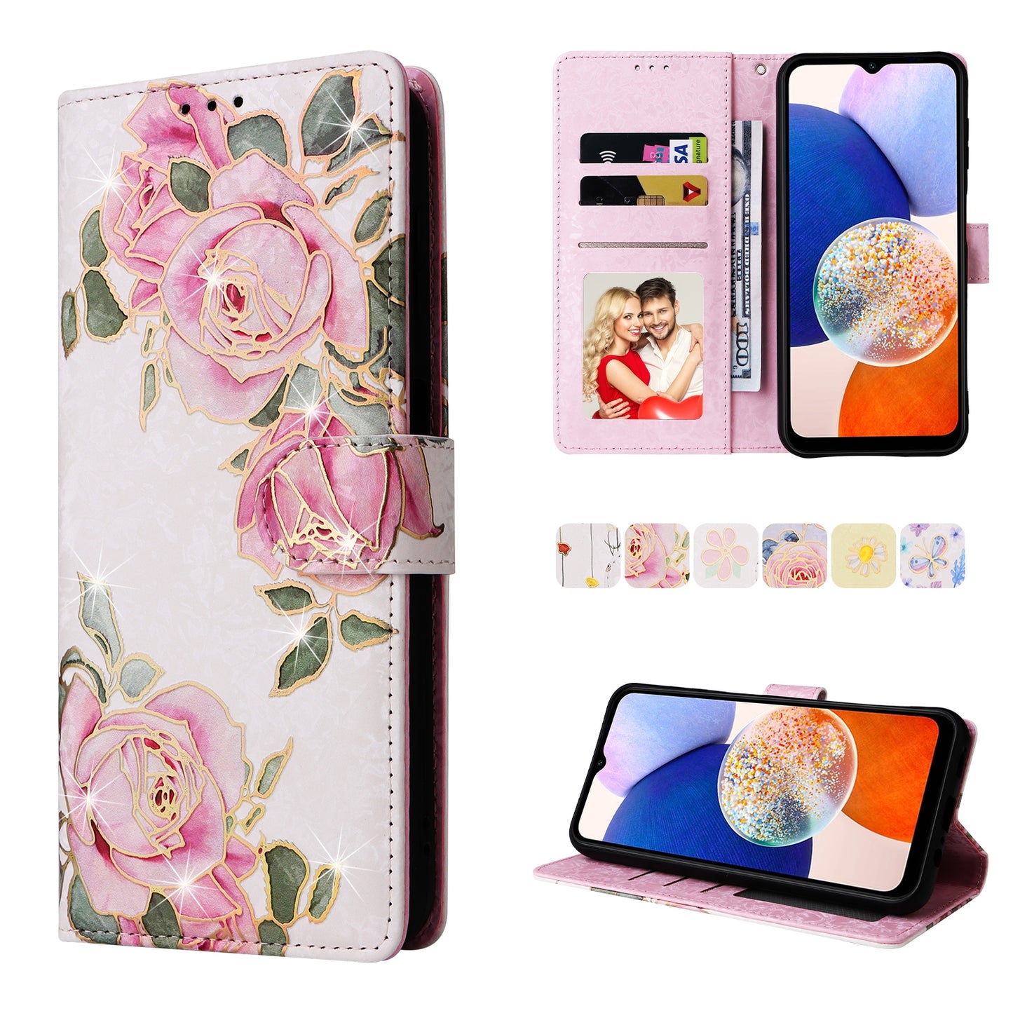Samsung Galaxy A15 5G Luxury Bronzing Leather Case - Floral RFID Wallet Cover with Stand & Card Slots
