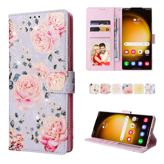Samsung Galaxy S24 Ultra 5G Luxury Bronzing Leather Case - Floral RFID Wallet Cover with Stand & Card Slots