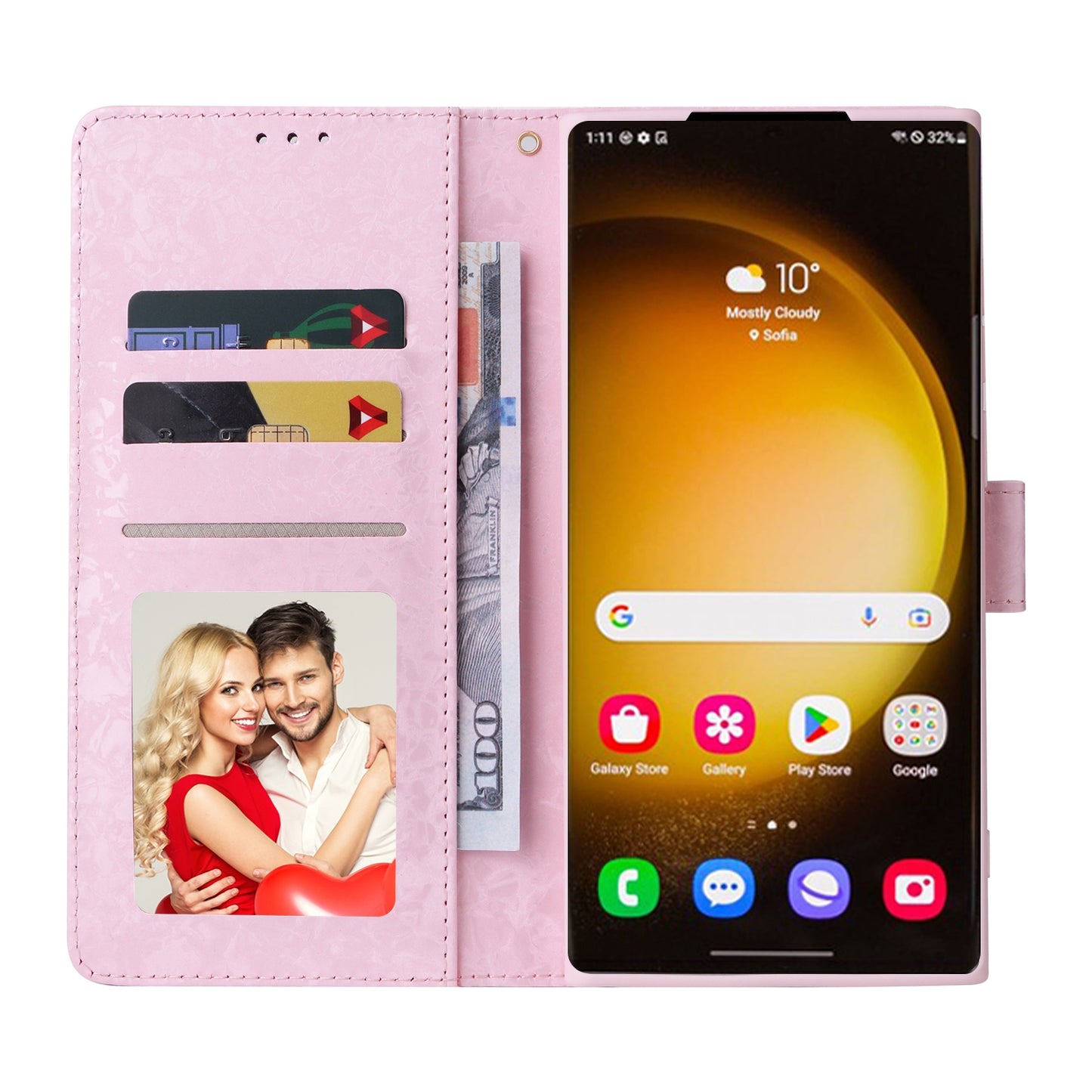 Samsung Galaxy S24 Ultra 5G Luxury Bronzing Leather Case - Floral RFID Wallet Cover with Stand & Card Slots