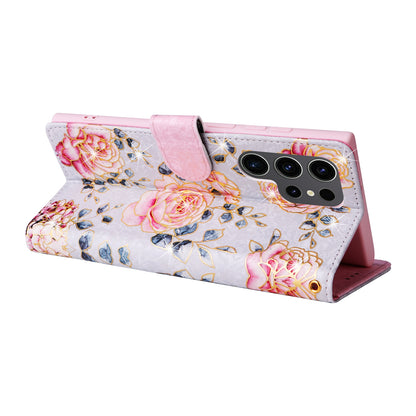 Samsung Galaxy S24 Ultra 5G Luxury Bronzing Leather Case - Floral RFID Wallet Cover with Stand & Card Slots