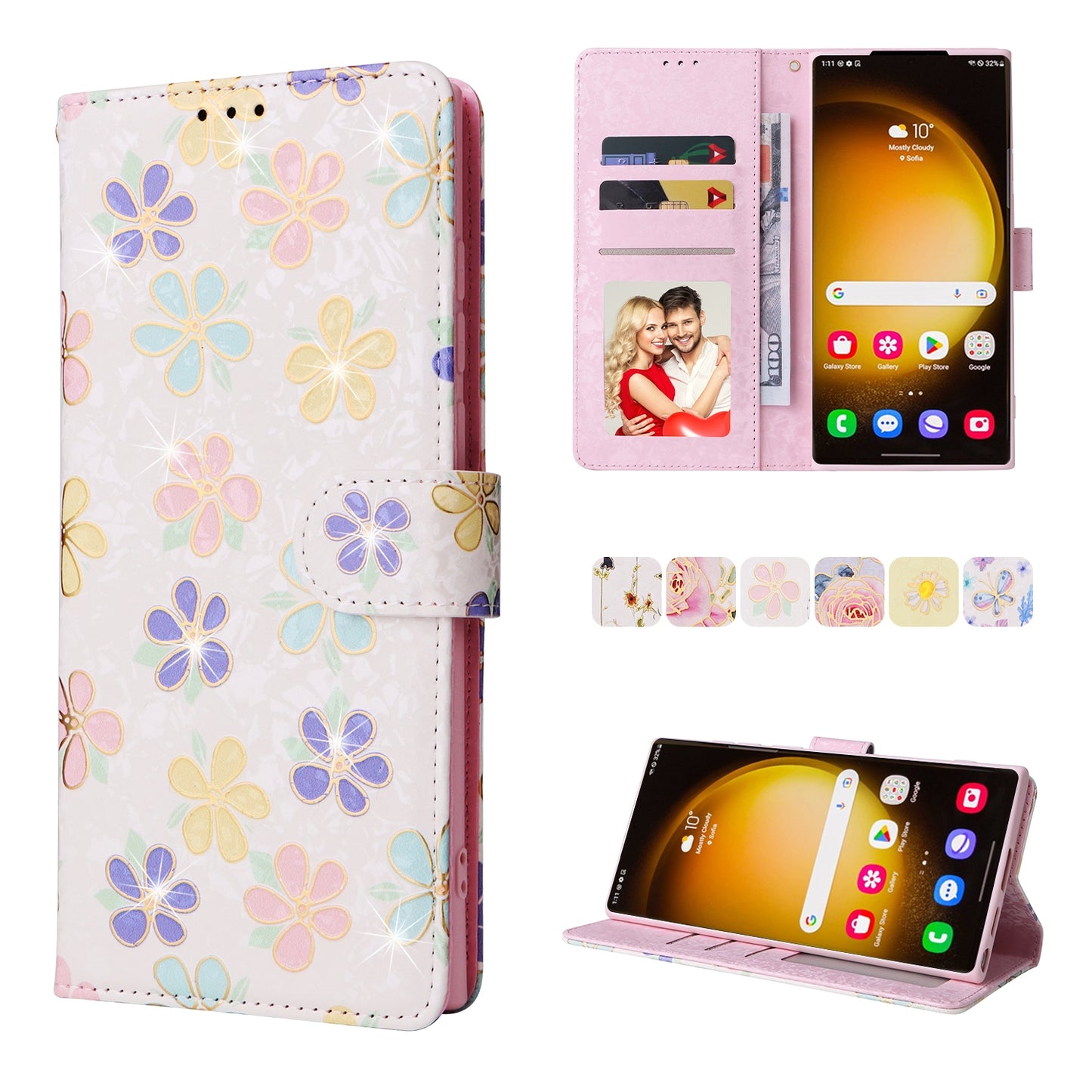 Samsung Galaxy S24 Ultra 5G Luxury Bronzing Leather Case - Floral RFID Wallet Cover with Stand & Card Slots