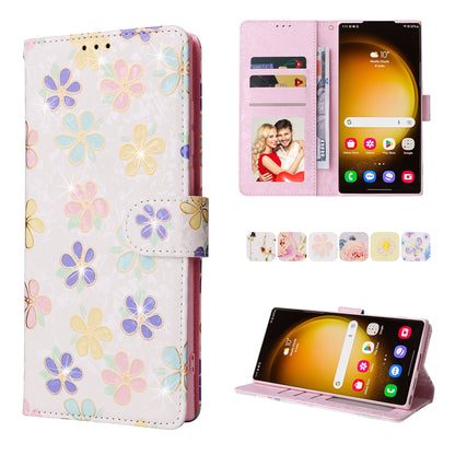 Samsung Galaxy S24 Ultra 5G Luxury Bronzing Leather Case - Floral RFID Wallet Cover with Stand & Card Slots