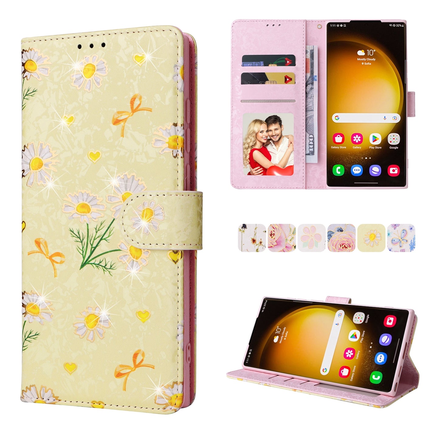 Samsung Galaxy S24 Ultra 5G Luxury Bronzing Leather Case - Floral RFID Wallet Cover with Stand & Card Slots