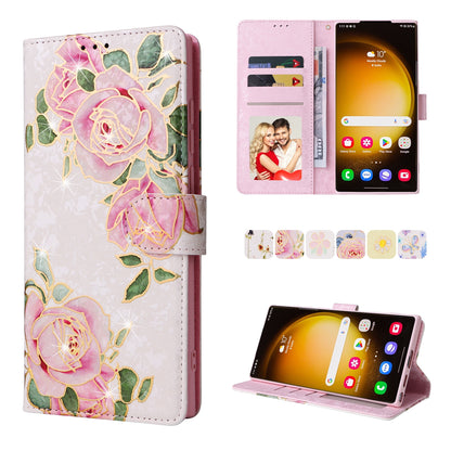 Samsung Galaxy S24 Ultra 5G Luxury Bronzing Leather Case - Floral RFID Wallet Cover with Stand & Card Slots