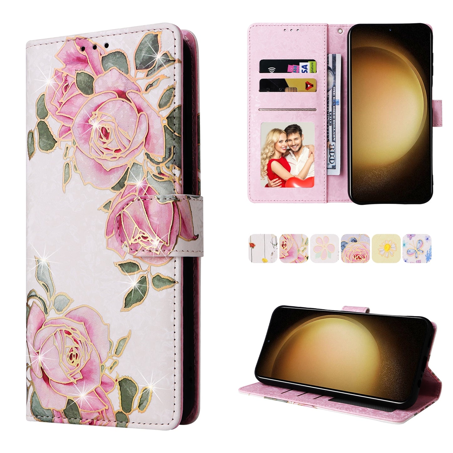Samsung Galaxy S24+ 5G Luxury Bronzing Leather Case - Floral RFID Wallet Cover with Stand & Card Slots