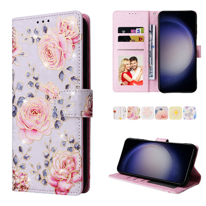 Samsung Galaxy S24 5G Luxury Bronzing Leather Case - Floral RFID Wallet Cover with Stand & Card Slots